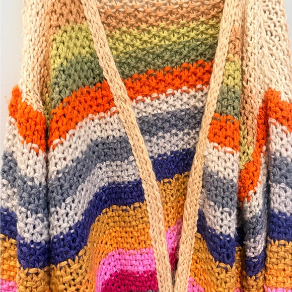 Chunky Multicolor Striped Crochet Cardigan Sweater - Picture 4 of 7